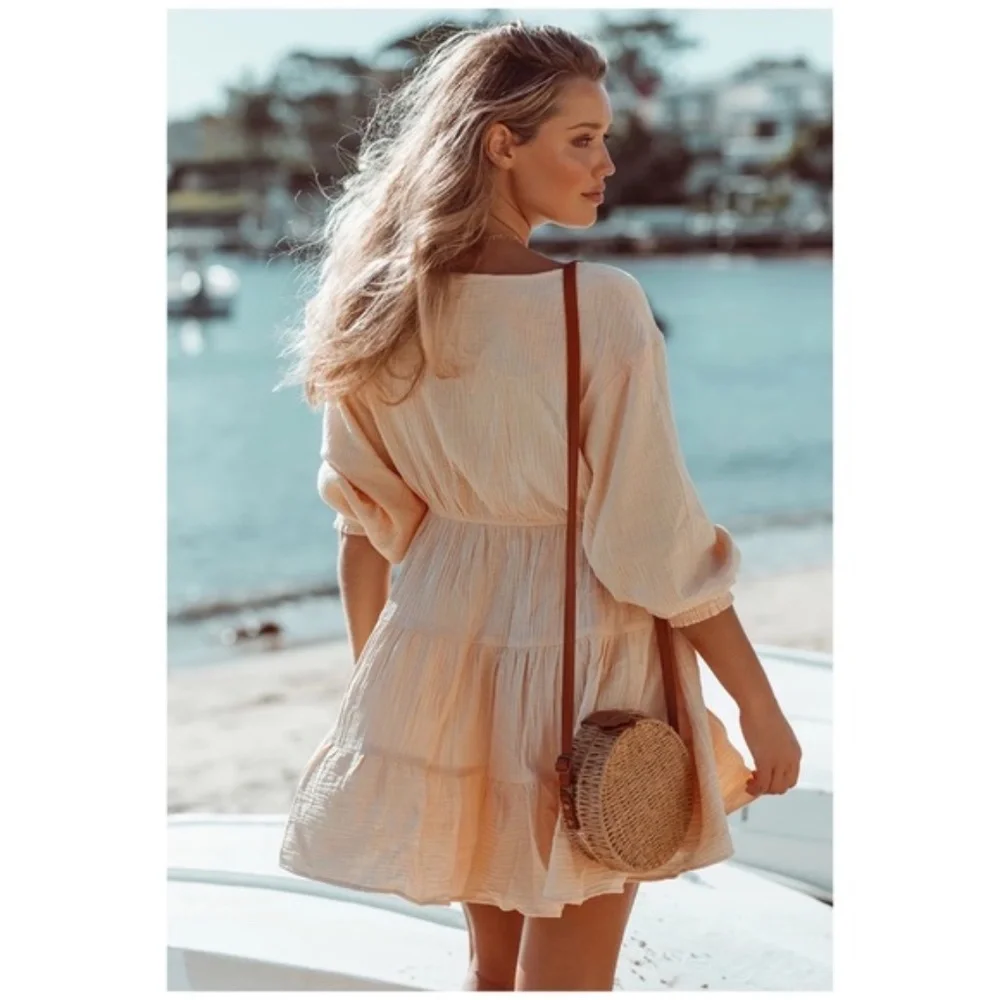 CLEARANCE Peach Tiered Ruffle Button Neck Mini Dress - Picture 5 of 5